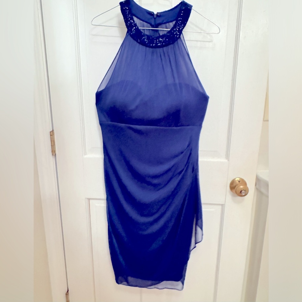 Vintage Cache Made in USA royal blue mini formal dress, halter neckline size12